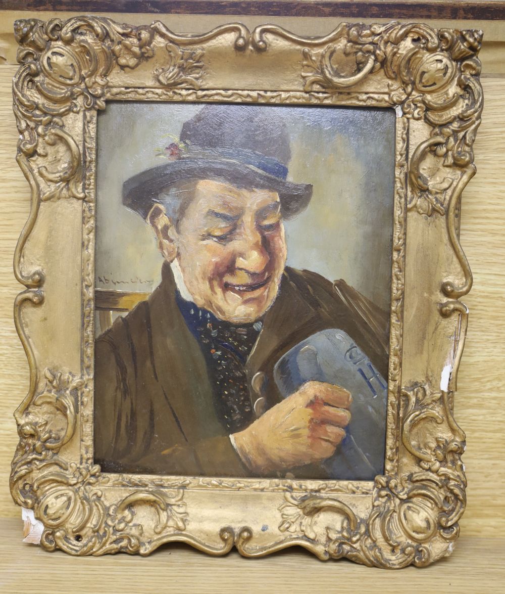 Atelier Absricie, oil on card, Portrait of a beer drinker, signed and inscribed verso, 26 x 20cm